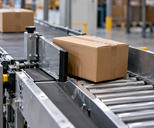 Synthetic editorial illustration. A taped parcel sits on a roller conveyor beside an extended powered side-diverter paddle.