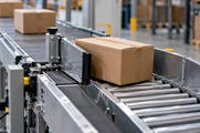 Synthetic editorial illustration. A taped parcel sits on a roller conveyor beside an extended powered side-diverter paddle.