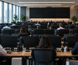 Synthetic editorial illustration. Rows of traders viewed from behind sit at long desks in a bright office. All desk monitors and the large wall displays are completely dark, with small plants and plain desk accessories in the foreground.