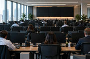 Synthetic editorial illustration. Rows of traders viewed from behind sit at long desks in a bright office. All desk monitors and the large wall displays are completely dark, with small plants and plain desk accessories in the foreground.