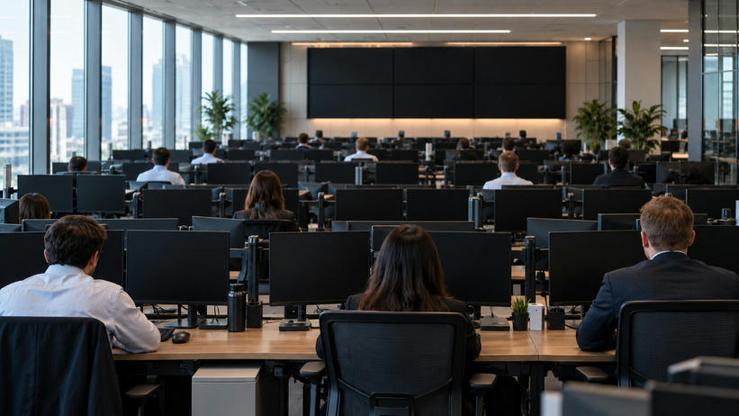 Synthetic editorial illustration. Rows of traders viewed from behind sit at long desks in a bright office. All desk monitors and the large wall displays are completely dark, with small plants and plain desk accessories in the foreground.