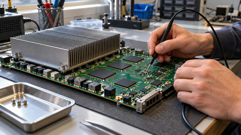 Synthetic editorial illustration. Hands connect a black probe to a large green circuit board on a laboratory bench. A broad finned metal heat sink, blank black chips, traces and sockets fill the board in soft daylight.