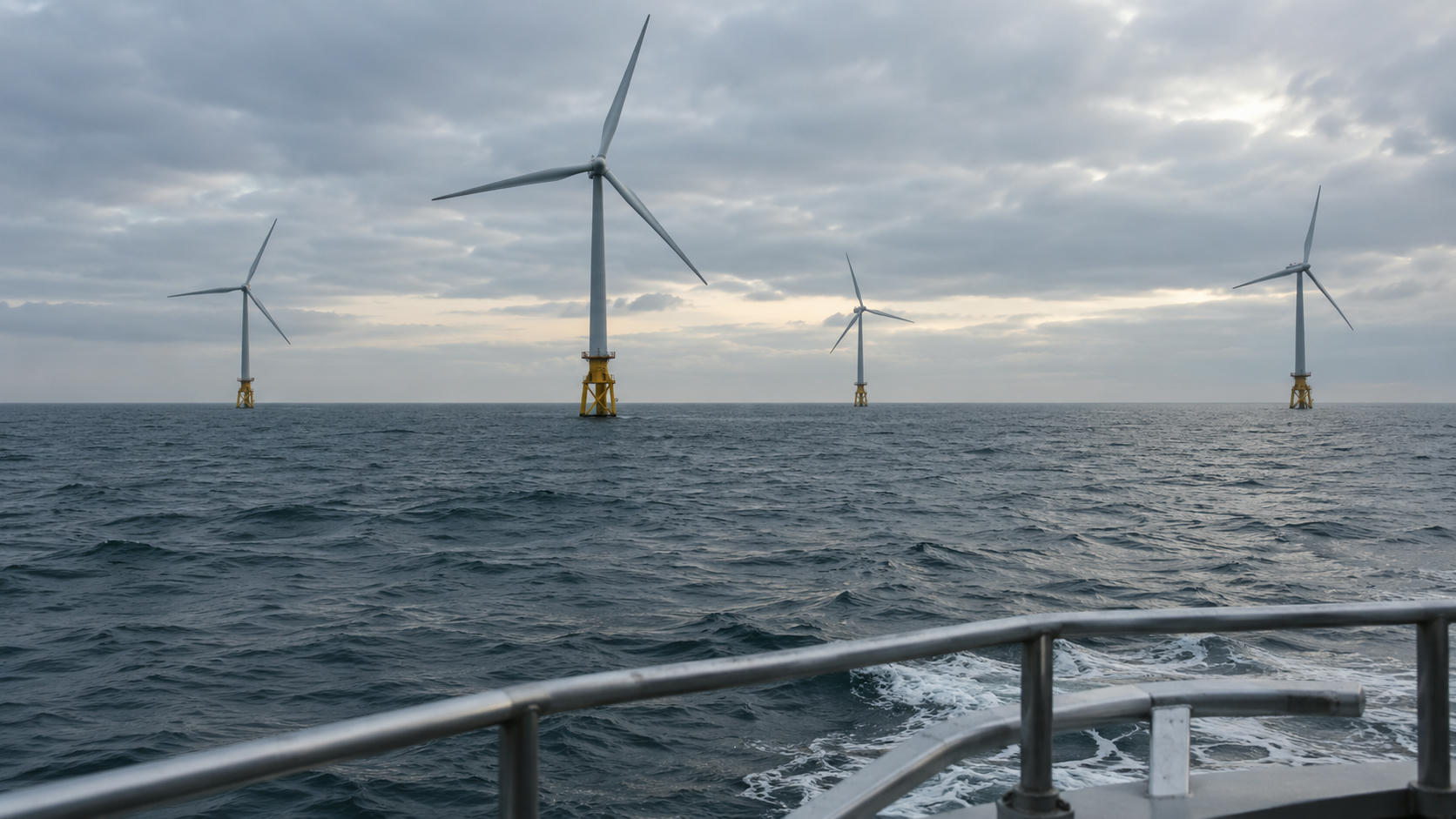 Synthetic editorial illustration. Generic utility wind turbines operating in open water, viewed from a service-vessel railing. Offshore wind electricity production, not oil or gas extraction. No actual named company, product, site, person or event is depicted.