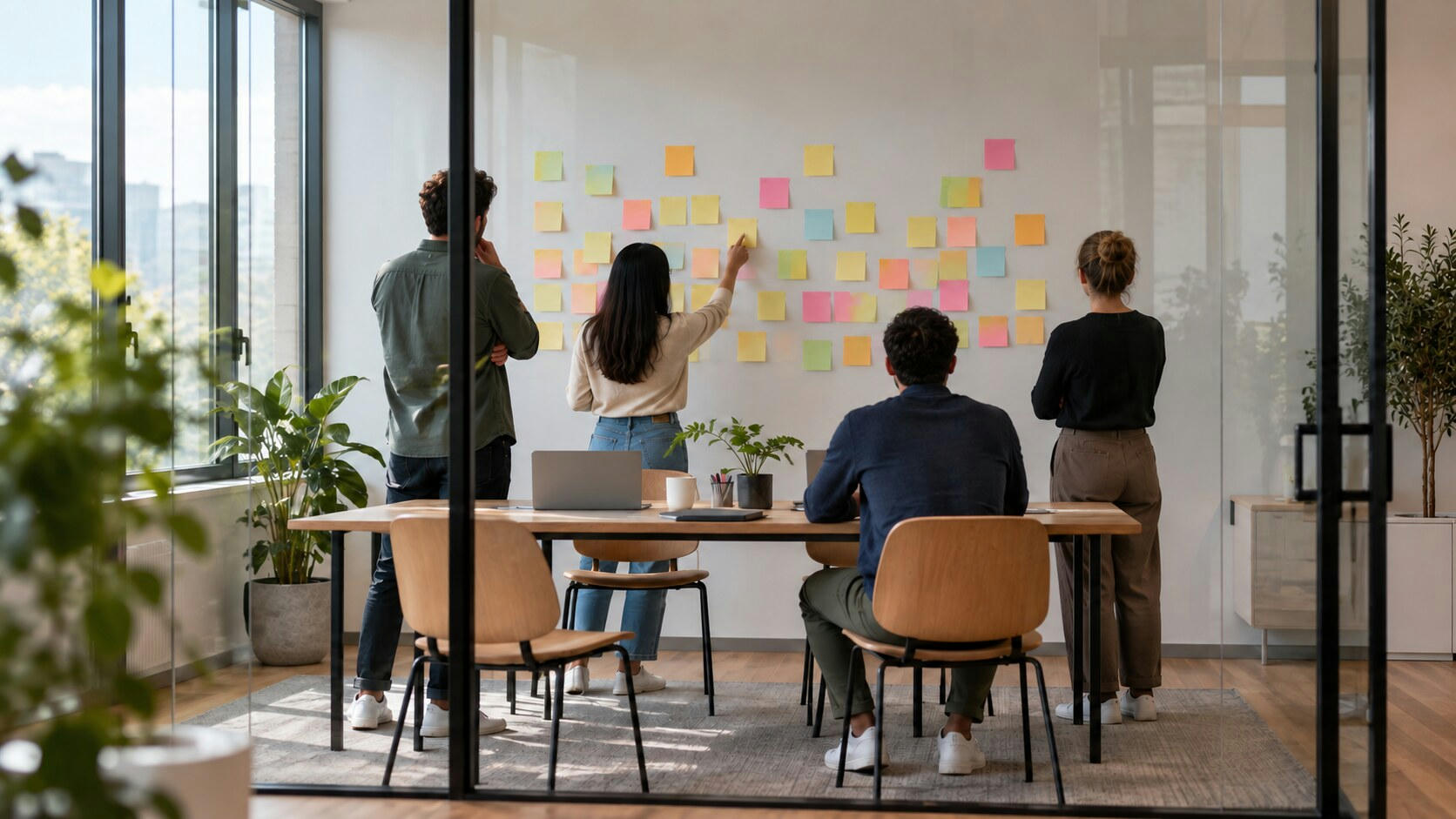 Synthetic editorial illustration. Four people seen from behind discuss blank pastel sticky notes on a meeting-room wall. A plain laptop back and closed device sit on a wooden table inside the daylit glass room.