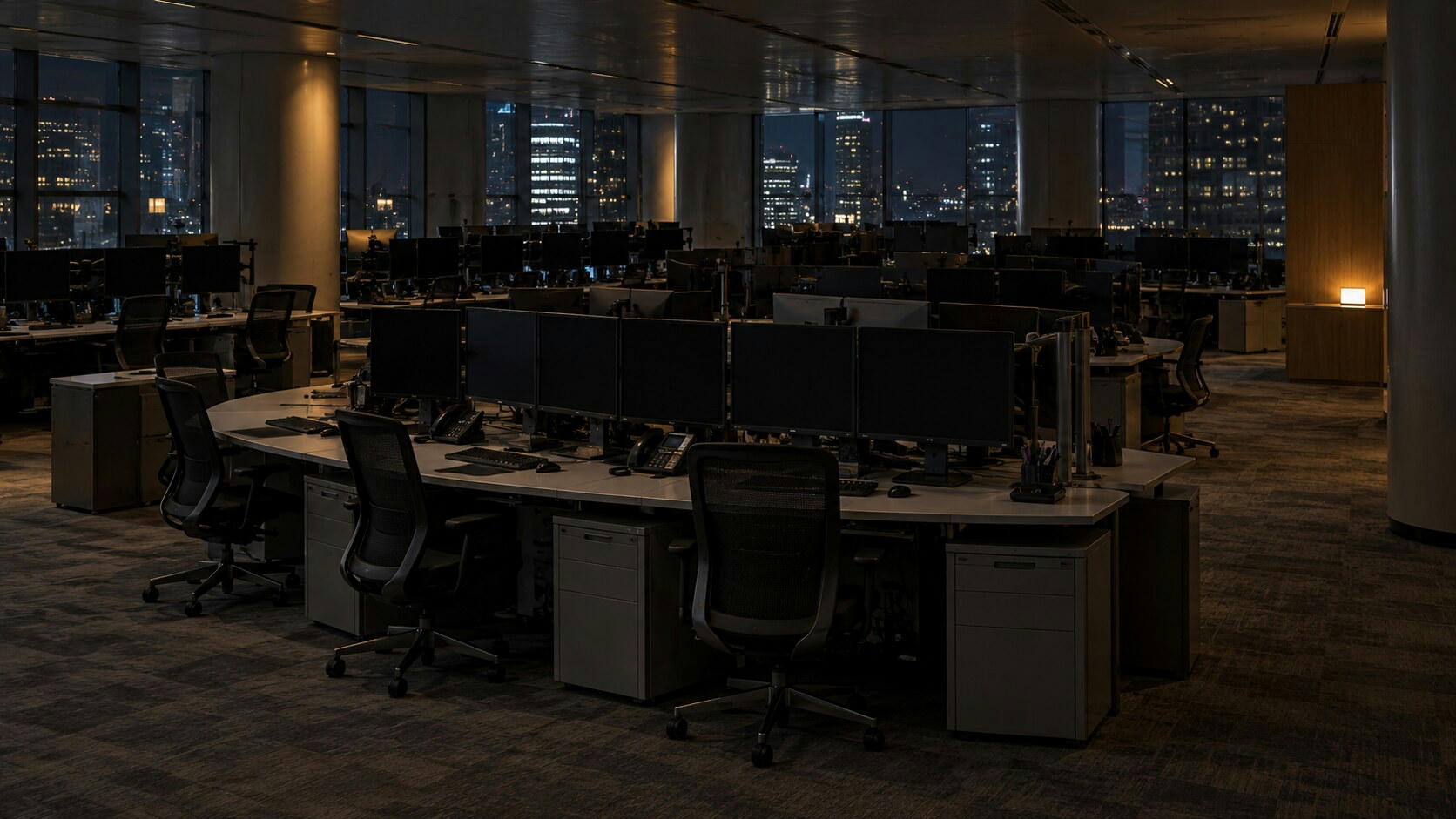 Synthetic editorial illustration. An empty office floor contains rows of dark monitors, phones and tucked-in chairs. Sparse warm lamps and distant city windows provide the only light.