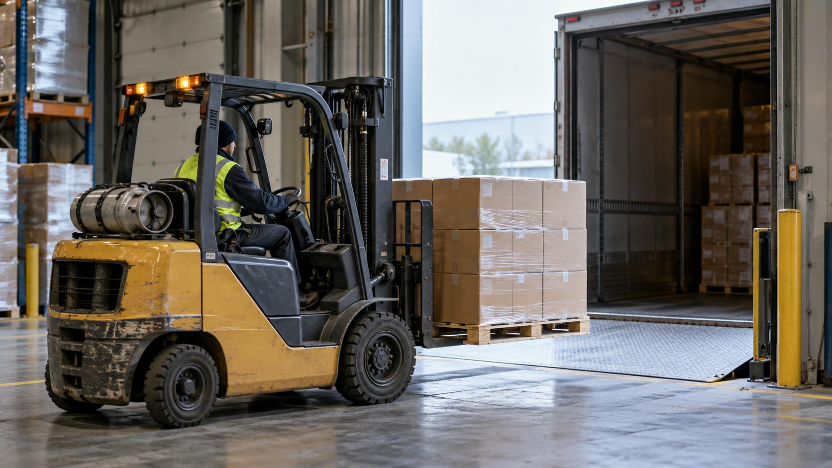 Synthetic editorial illustration. A forklift carries a supported pallet of plain cartons through a warehouse loading-dock opening.