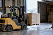 Synthetic editorial illustration. A forklift carries a supported pallet of plain cartons through a warehouse loading-dock opening.