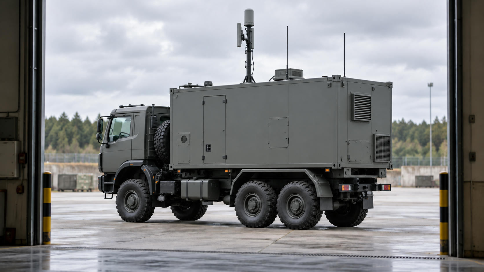 Synthetic editorial illustration. One stationary truck-mounted enclosed electronics shelter with a small communications mast, viewed through a maintenance-bay opening.