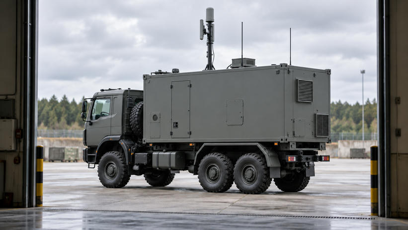 Synthetic editorial illustration. One stationary truck-mounted enclosed electronics shelter with a small communications mast, viewed through a maintenance-bay opening.