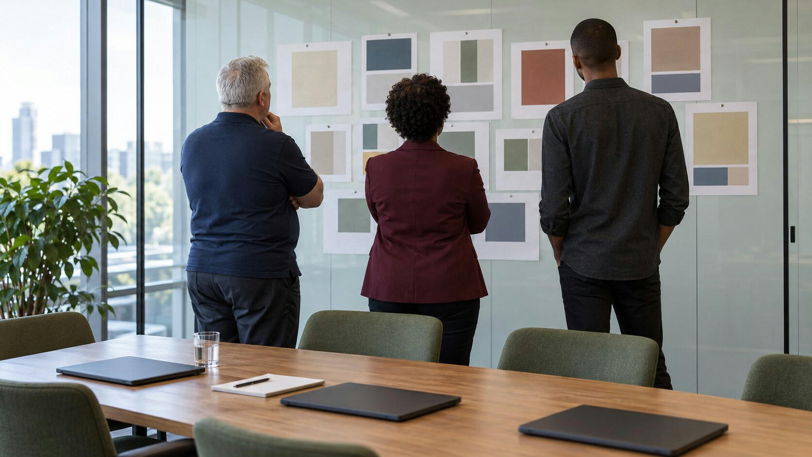 Synthetic editorial illustration. Three people of different builds viewed from behind review paper colour-block reports pinned in a glass meeting room. Plain closed dark laptops, a blank notebook and water glass rest on the table in daylight.