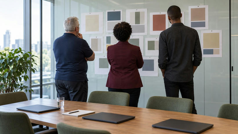 Synthetic editorial illustration. Three people of different builds viewed from behind review paper colour-block reports pinned in a glass meeting room. Plain closed dark laptops, a blank notebook and water glass rest on the table in daylight.