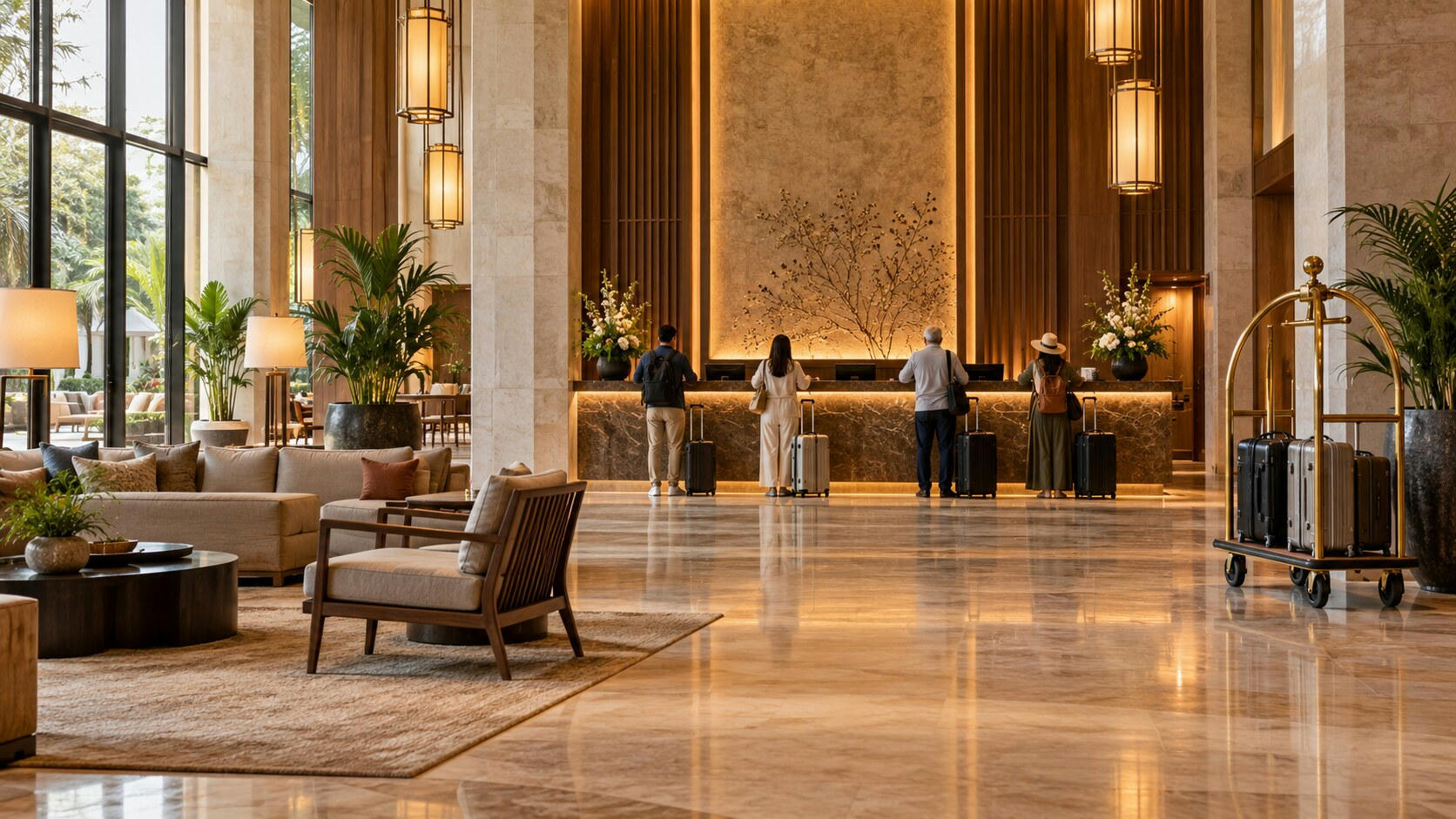 Synthetic editorial illustration. A hotel lobby. Four rear-facing guests with wheeled suitcases stand at a warmly lit stone reception desk, with lounge chairs, plants and a loaded brass luggage trolley across the polished floor.