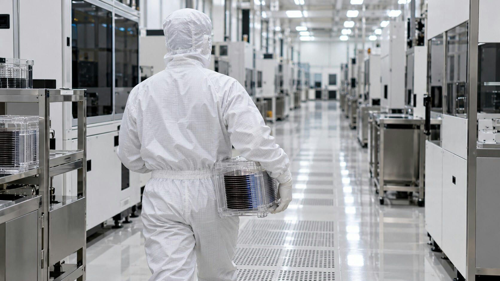 Synthetic editorial illustration. A hooded technician seen from behind carries a transparent cassette containing a stack of reflective wafers down a bright cleanroom aisle. Plain white equipment and stainless carts line the reflective floor.