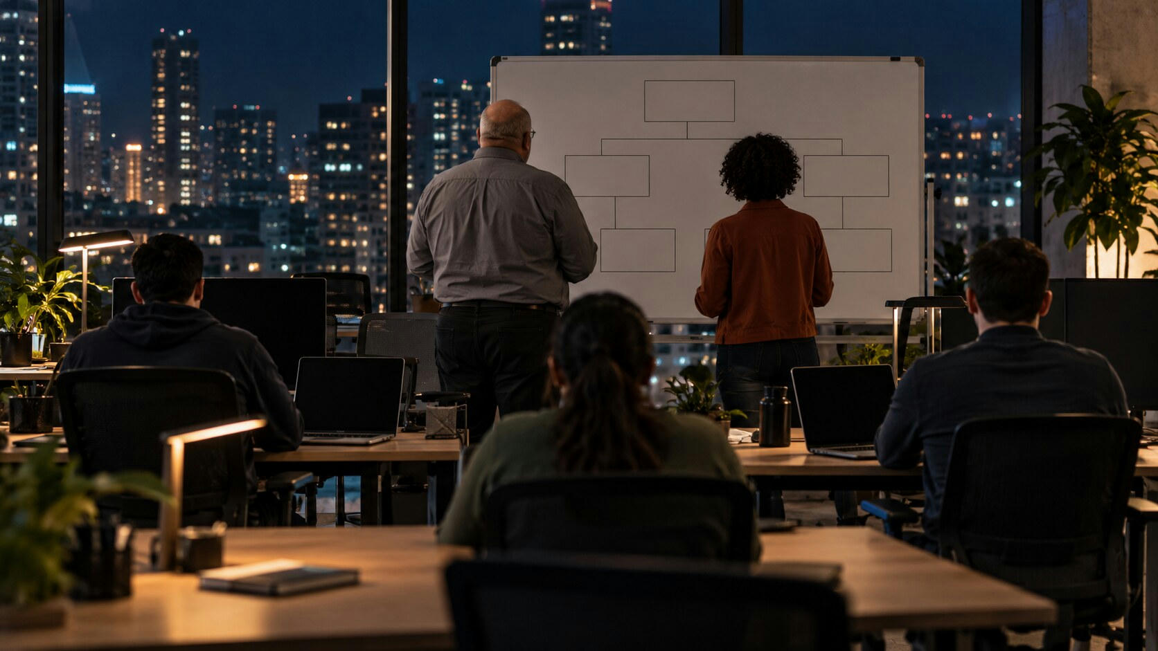 Synthetic editorial illustration. An operations office. Rear-facing workers sit at desks with dark laptops while two colleagues stand beside a whiteboard of empty connected boxes; desk lamps glow against city windows at night.