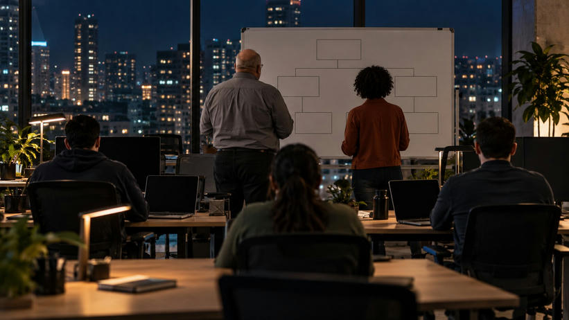 Synthetic editorial illustration. An operations office. Rear-facing workers sit at desks with dark laptops while two colleagues stand beside a whiteboard of empty connected boxes; desk lamps glow against city windows at night.