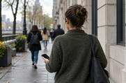 Synthetic editorial illustration. A person viewed from behind walks along a city pavement wearing a small dark earbud and holding a phone with a dark screen. Other pedestrians walk away ahead beside plain buildings and planters.