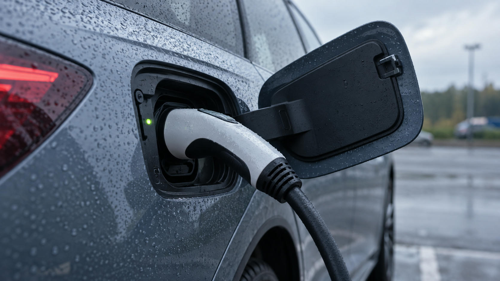 Synthetic editorial illustration. An electric-vehicle charging connector is seated in an open vehicle port, with raindrops, a connected cable and a small green status light.