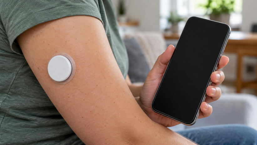 Synthetic editorial illustration. A plain round white sensor sits on an upper arm with a transparent adhesive edge. The person holds a phone with a completely dark screen against a softly blurred domestic background.