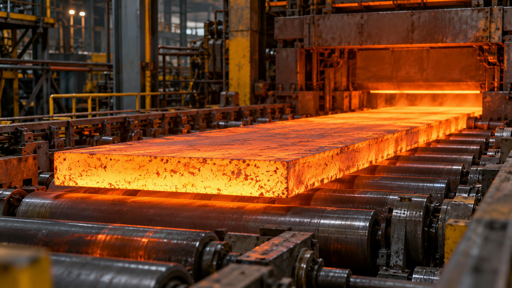 Synthetic editorial illustration. A glowing hot slab is supported on a roller line emerging from a furnace opening.