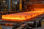 Synthetic editorial illustration. A glowing hot slab is supported on a roller line emerging from a furnace opening.