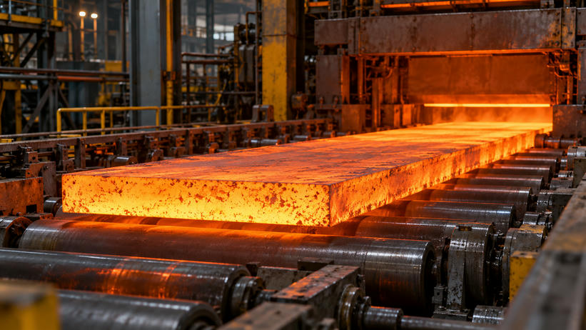 Synthetic editorial illustration. A glowing hot slab is supported on a roller line emerging from a furnace opening.