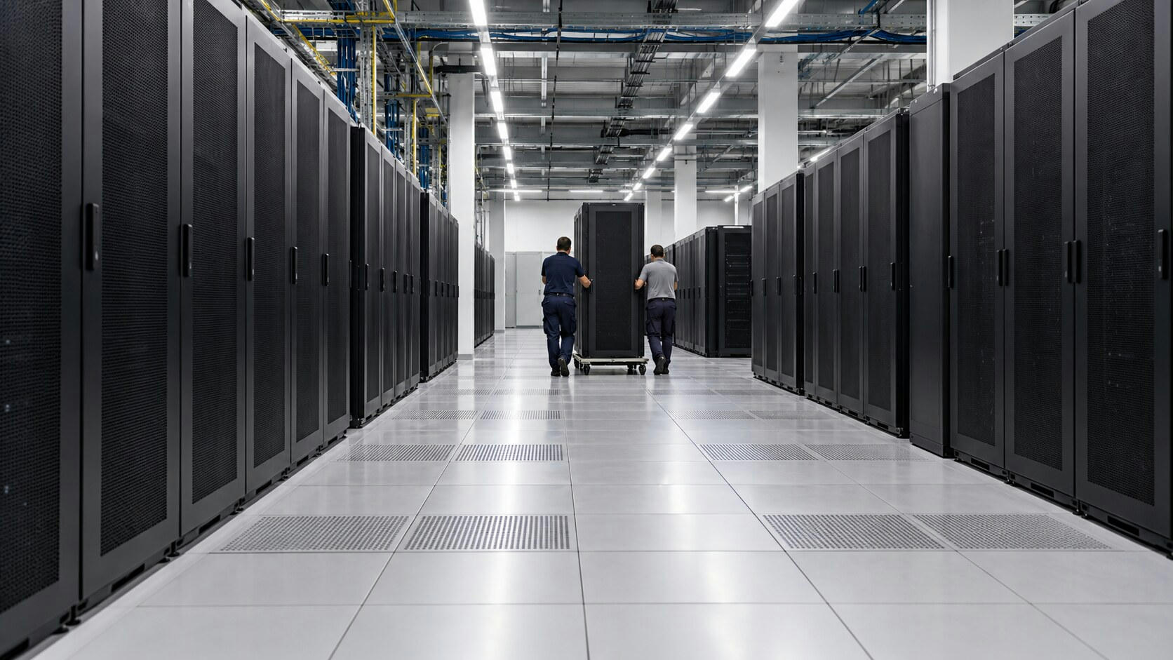 Synthetic editorial illustration. A data-centre hall contains long rows of black server cabinets. Two rear-facing technicians wheel a tall rack along the raised-floor aisle beneath cable trays.