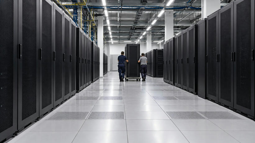 Synthetic editorial illustration. A data-centre hall contains long rows of black server cabinets. Two rear-facing technicians wheel a tall rack along the raised-floor aisle beneath cable trays.