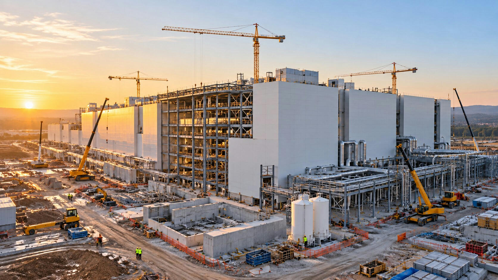 Synthetic editorial illustration. A huge white industrial building under construction rises above exposed steel framing, pipes and service tanks. Cranes and small vehicles occupy the site while low morning sunlight touches the facade.