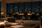 Synthetic editorial illustration. A glass-walled office overlooks a city at night. Three rear-facing workers sit at a lamp-lit table with dark monitors, while plain takeaway cartons, blank papers and closed folders occupy nearby desks.