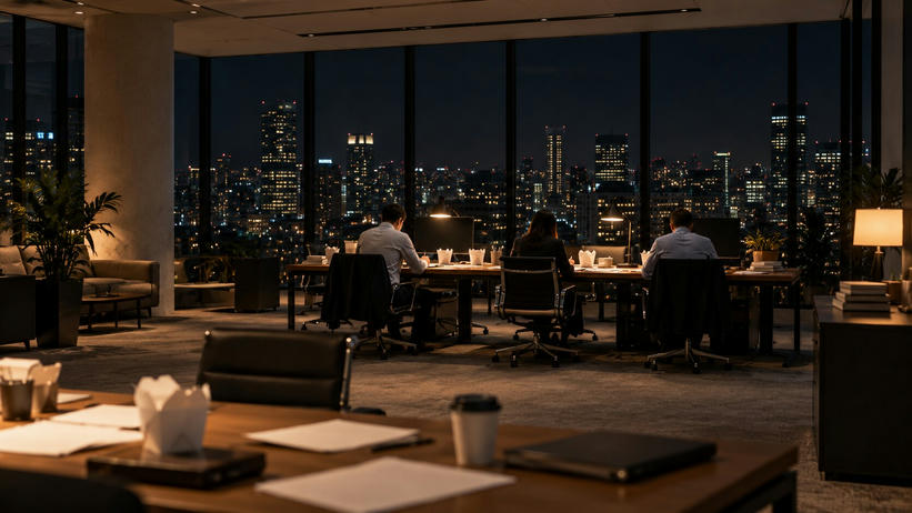 Synthetic editorial illustration. A glass-walled office overlooks a city at night. Three rear-facing workers sit at a lamp-lit table with dark monitors, while plain takeaway cartons, blank papers and closed folders occupy nearby desks.