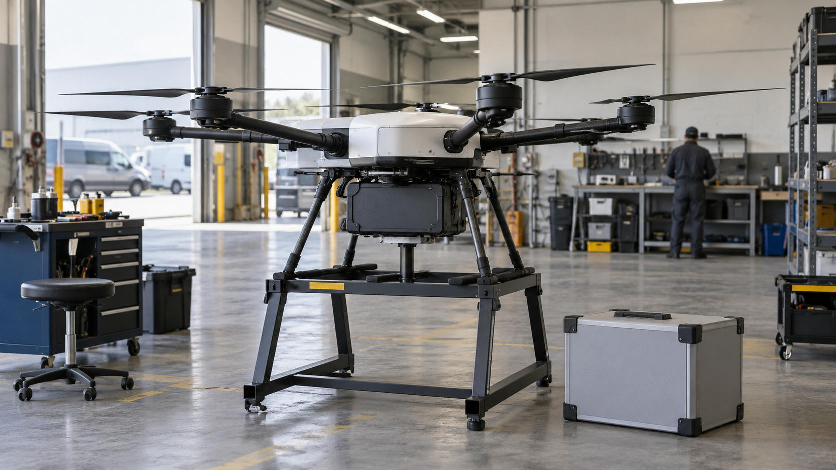 Synthetic editorial illustration. Original unbranded commercial cargo drone on a maintenance stand in a generic delivery depot, with a plain cargo container.