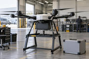 Synthetic editorial illustration. Original unbranded commercial cargo drone on a maintenance stand in a generic delivery depot, with a plain cargo container.
