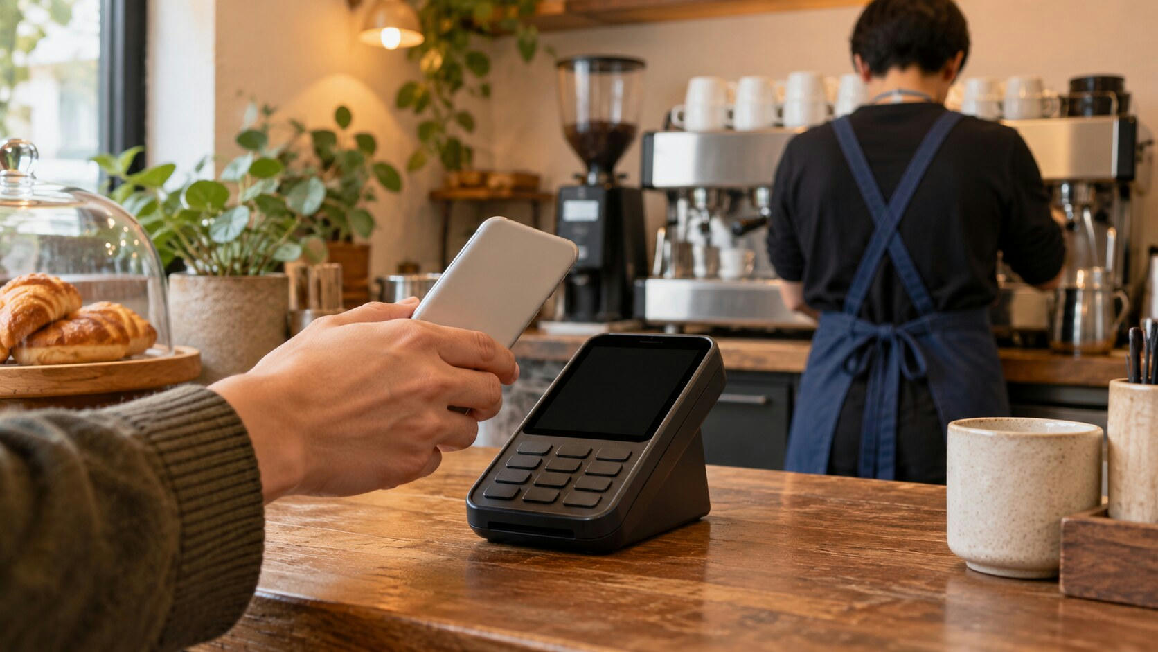 Synthetic editorial illustration. A cafe counter. A hand holds a phone with its plain back toward the camera near a dark payment terminal, while a barista seen from behind works at a coffee machine.