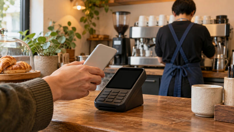 Synthetic editorial illustration. A cafe counter. A hand holds a phone with its plain back toward the camera near a dark payment terminal, while a barista seen from behind works at a coffee machine.