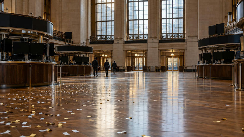 Synthetic editorial illustration. An exchange hall contains curved trading desks and dark display panels. Small paper confetti pieces lie across the polished floor as three distant rear-facing people walk toward the doors.