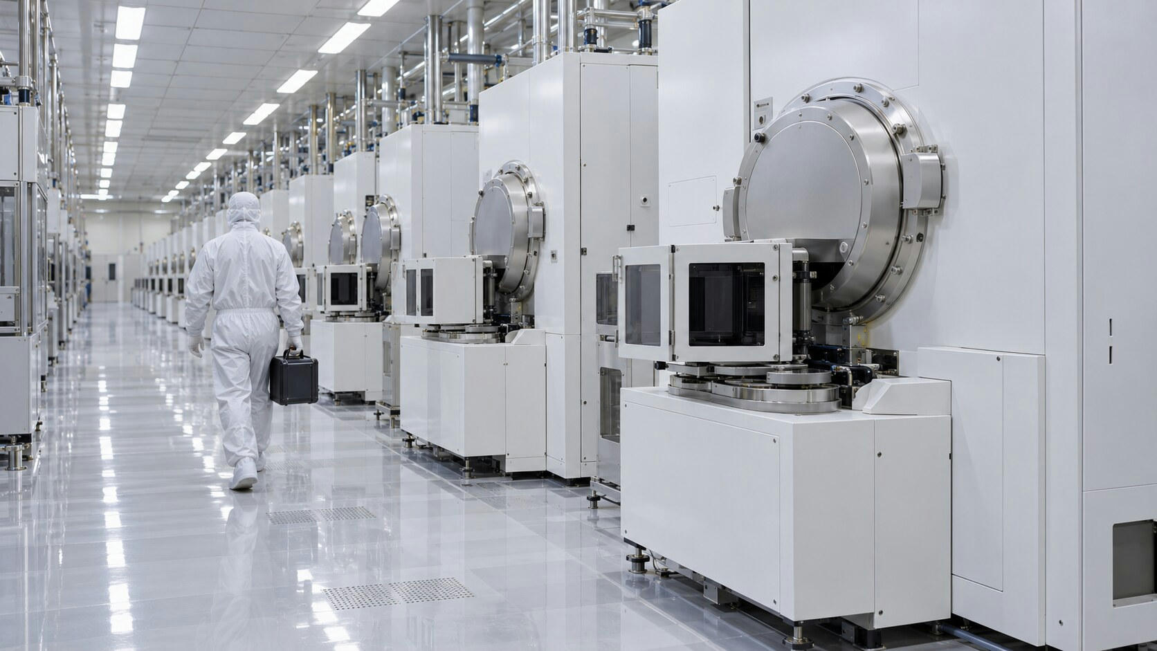 Synthetic editorial illustration. A semiconductor cleanroom. An engineer in a hooded white suit seen from behind carries a closed dark case along a row of white process machines with circular metal chambers and wafer load ports.