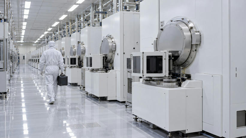 Synthetic editorial illustration. A semiconductor cleanroom. An engineer in a hooded white suit seen from behind carries a closed dark case along a row of white process machines with circular metal chambers and wafer load ports.
