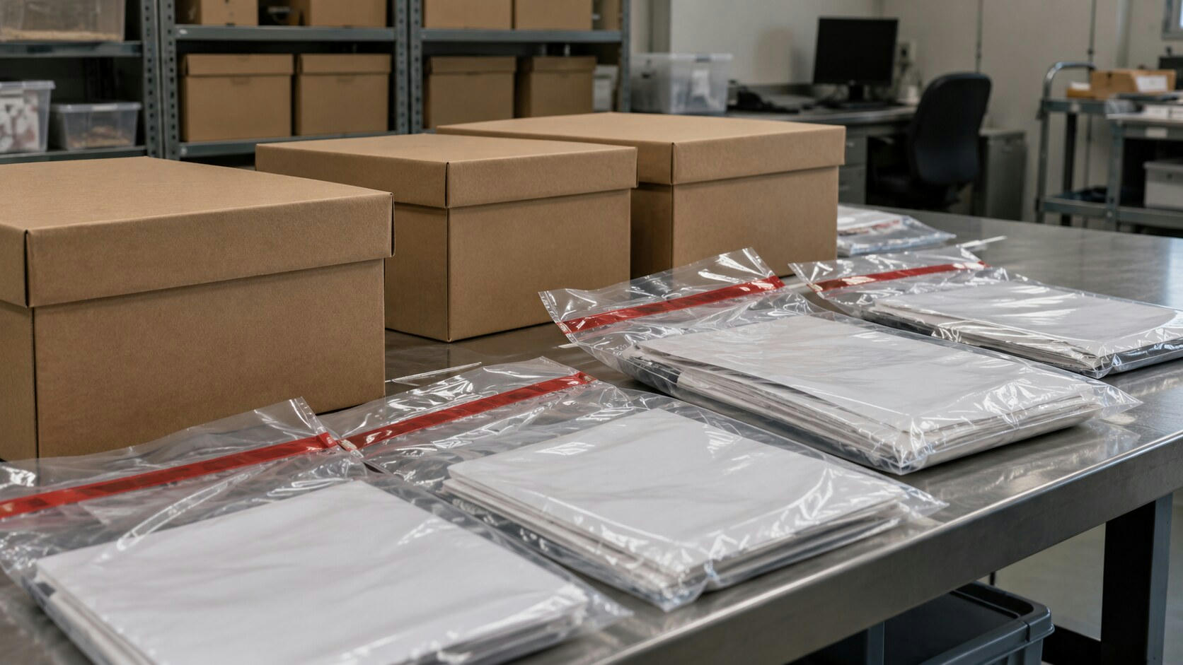 Synthetic editorial illustration. An archive room contains metal shelving and a worktable. Plain brown boxes and sealed transparent bags of blank documents sit in the foreground, with a dark monitor and empty chair behind.