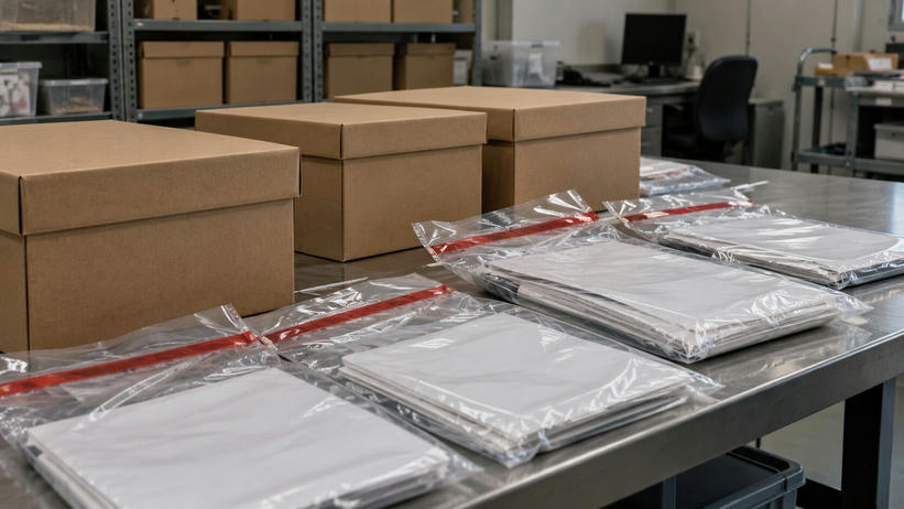 Synthetic editorial illustration. An archive room contains metal shelving and a worktable. Plain brown boxes and sealed transparent bags of blank documents sit in the foreground, with a dark monitor and empty chair behind.