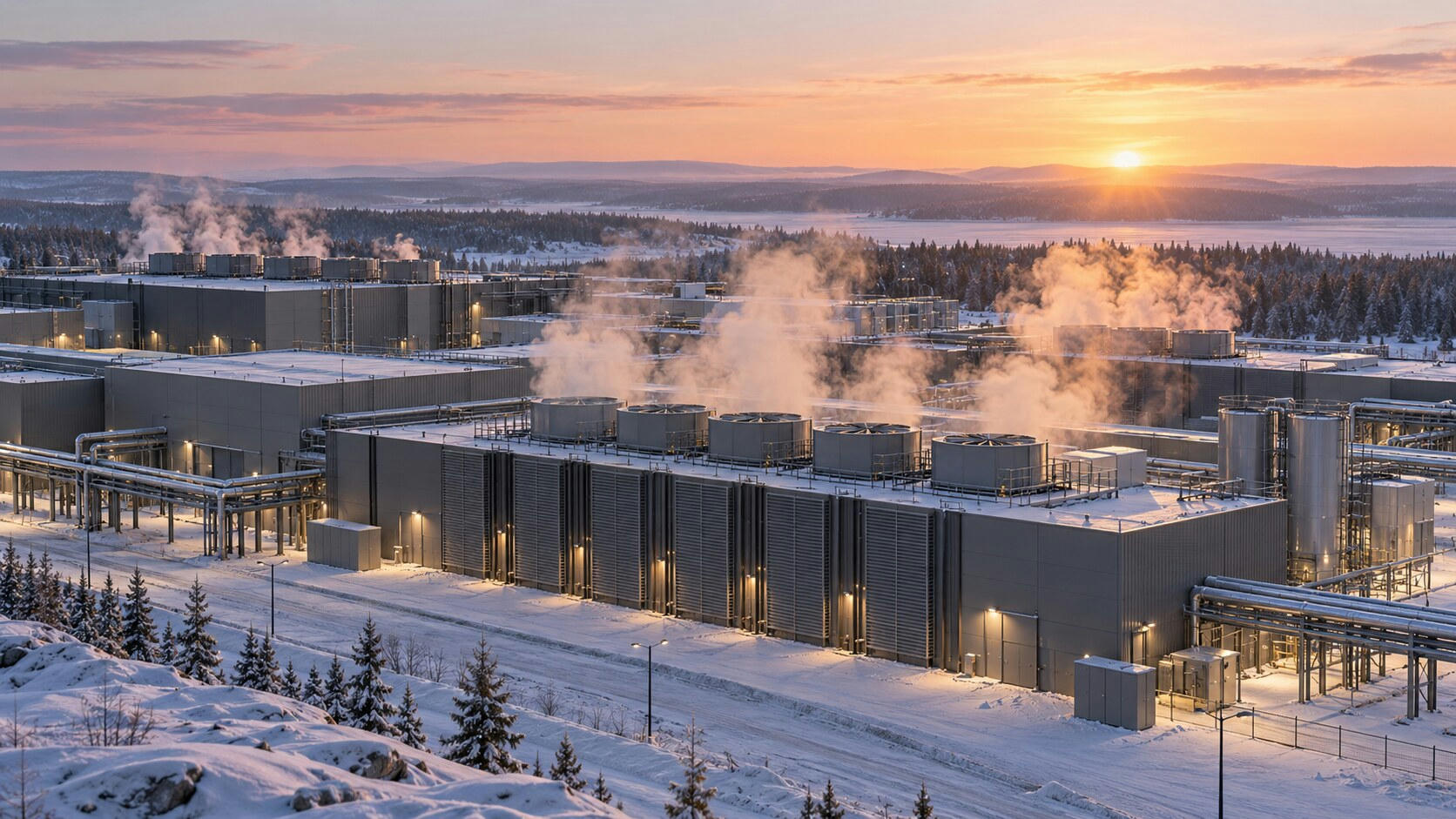 Synthetic editorial illustration. Low industrial compute buildings and rows of cooling units stand amid snow and conifer forest at dawn. Pale vapour rises above the roofs as warm sunrise light touches pipes and service roads.