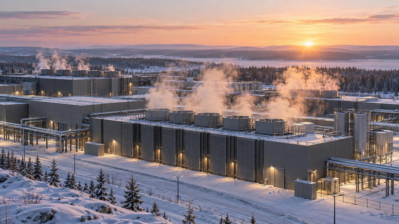 Synthetic editorial illustration. Low industrial compute buildings and rows of cooling units stand amid snow and conifer forest at dawn. Pale vapour rises above the roofs as warm sunrise light touches pipes and service roads.