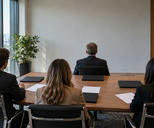Synthetic editorial illustration. Four formally dressed people viewed from behind sit at a wooden table in a bright glass meeting room. Blank white papers and plain closed dark laptops lie before them beside potted trees.
