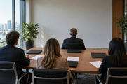 Synthetic editorial illustration. Four formally dressed people viewed from behind sit at a wooden table in a bright glass meeting room. Blank white papers and plain closed dark laptops lie before them beside potted trees.