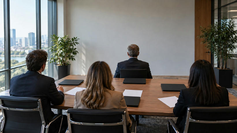 Synthetic editorial illustration. Four formally dressed people viewed from behind sit at a wooden table in a bright glass meeting room. Blank white papers and plain closed dark laptops lie before them beside potted trees.