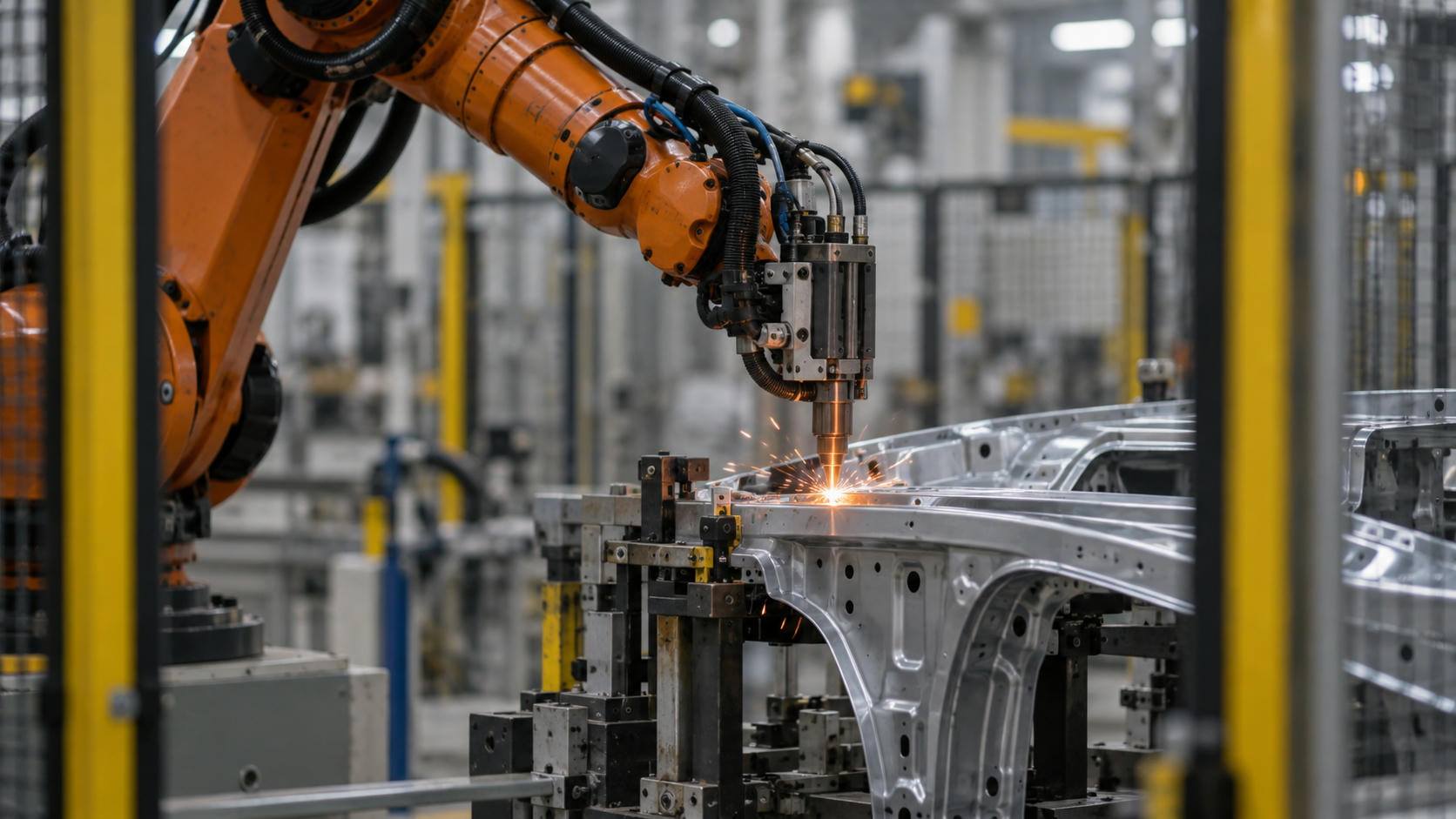 Synthetic editorial illustration. One industrial robot works at a fixed unfinished vehicle body panel behind a safety enclosure.