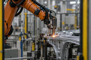 Synthetic editorial illustration. One industrial robot works at a fixed unfinished vehicle body panel behind a safety enclosure.