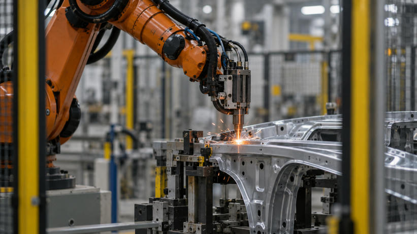 Synthetic editorial illustration. One industrial robot works at a fixed unfinished vehicle body panel behind a safety enclosure.
