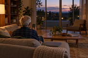 Synthetic editorial illustration. A living room at dusk. A silver-haired person seen from behind sits on a sofa holding a phone with its back facing the camera; a closed laptop rests beside them under warm lamplight.