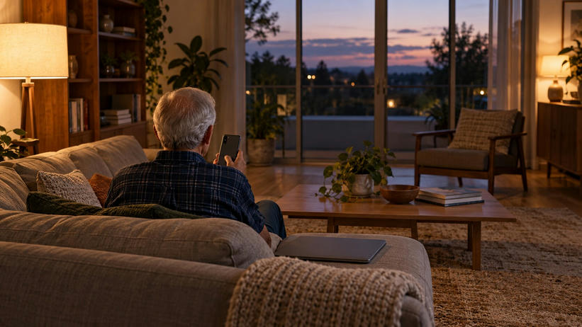 Synthetic editorial illustration. A living room at dusk. A silver-haired person seen from behind sits on a sofa holding a phone with its back facing the camera; a closed laptop rests beside them under warm lamplight.