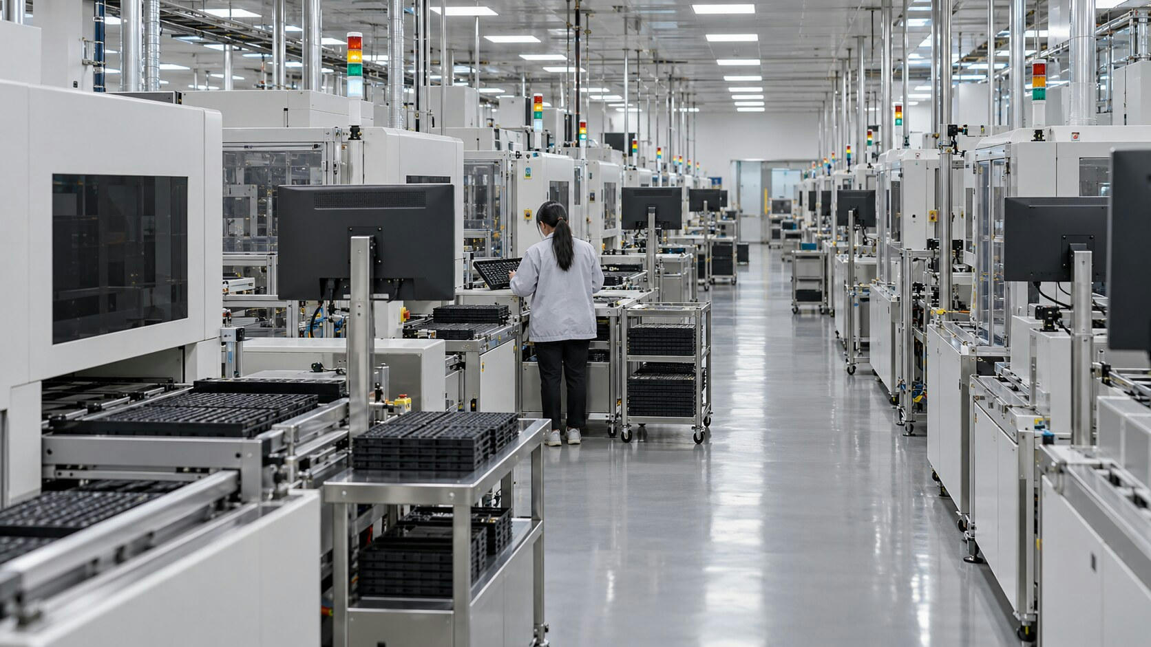 Synthetic editorial illustration. A semiconductor testing hall. An engineer seen from behind checks a black component tray among long rows of enclosed test machines, tray-loading rails and monitors facing away.